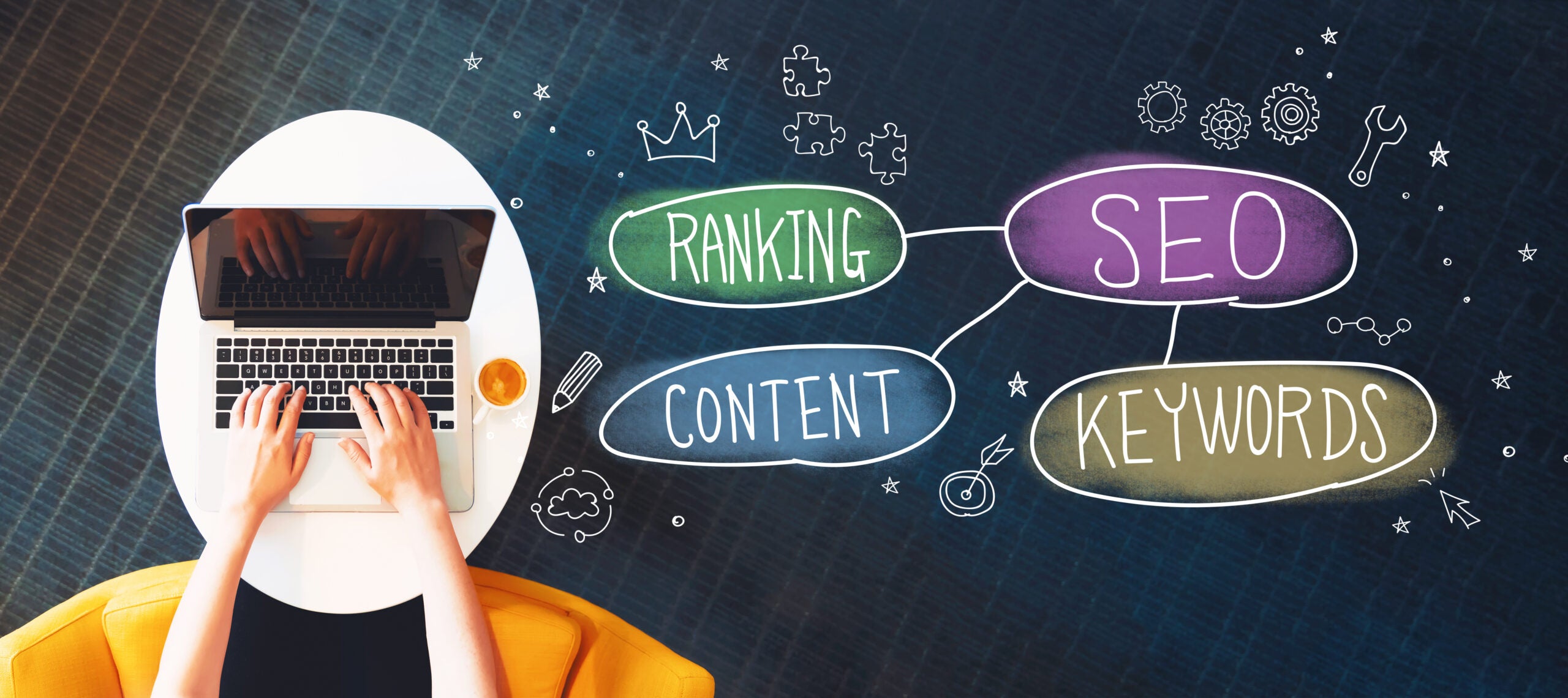 an infographic highlighting SEO as a concept made up of the words Ranking, Content, and Keywords