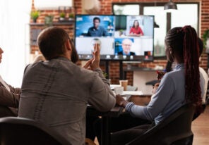 a team of employees having a virtual meeting