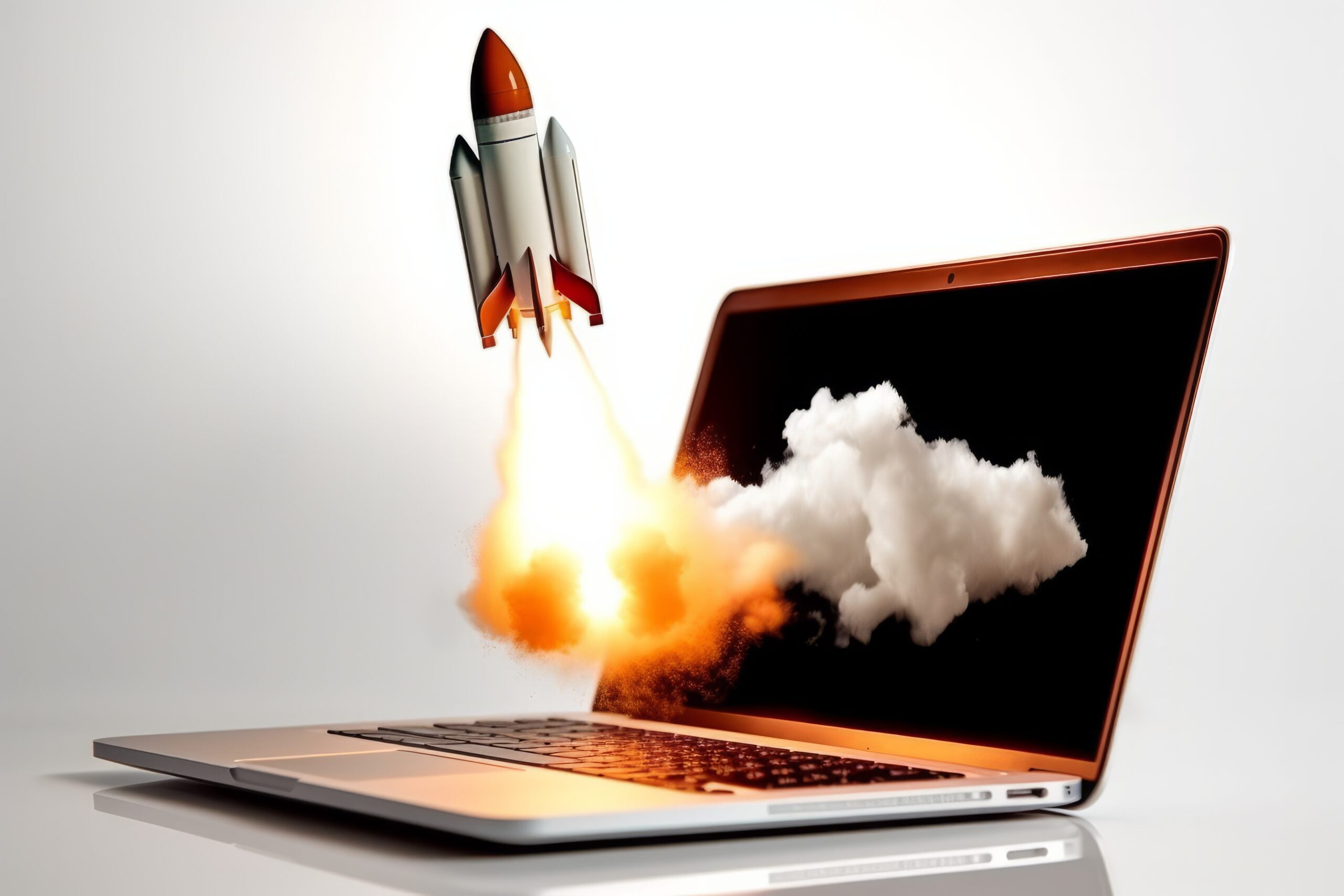 a stylized photo of a rocket ship blasting off through a computer screen