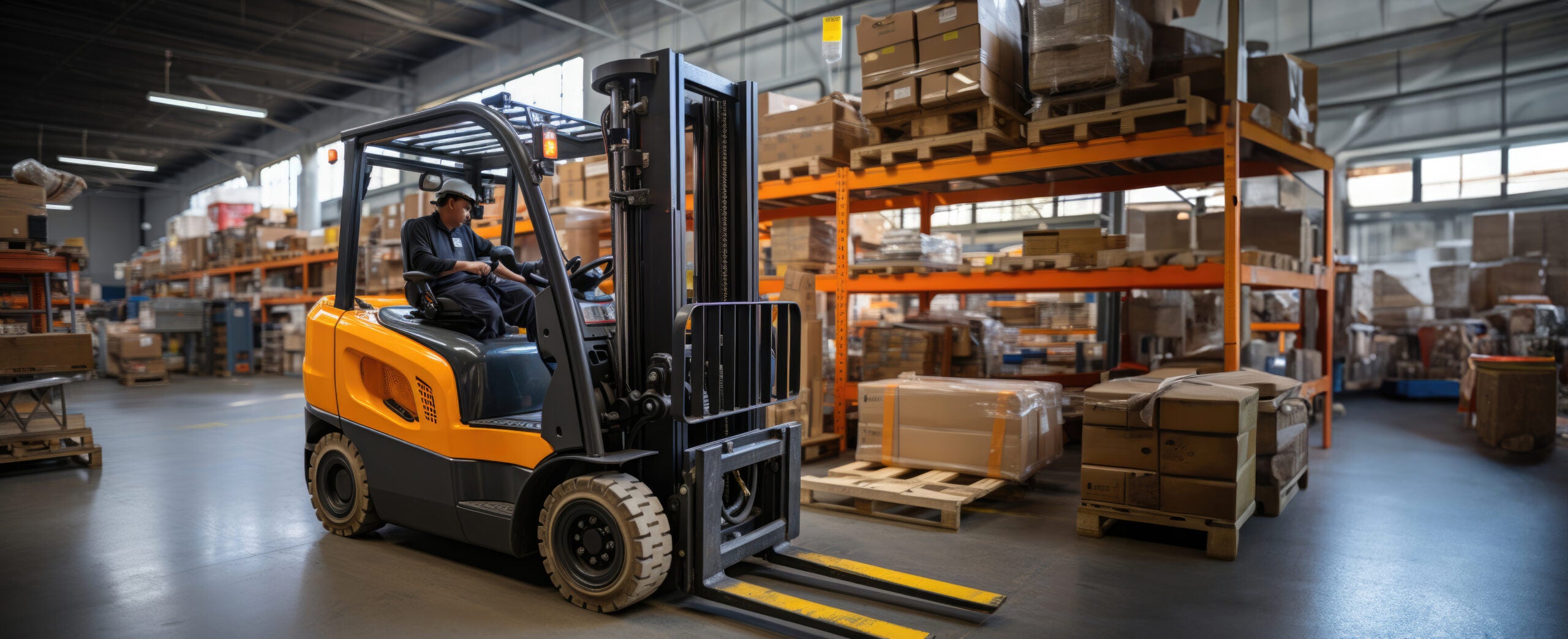 a warehouse worker driving a forklift in a warehouse full of organized boxes