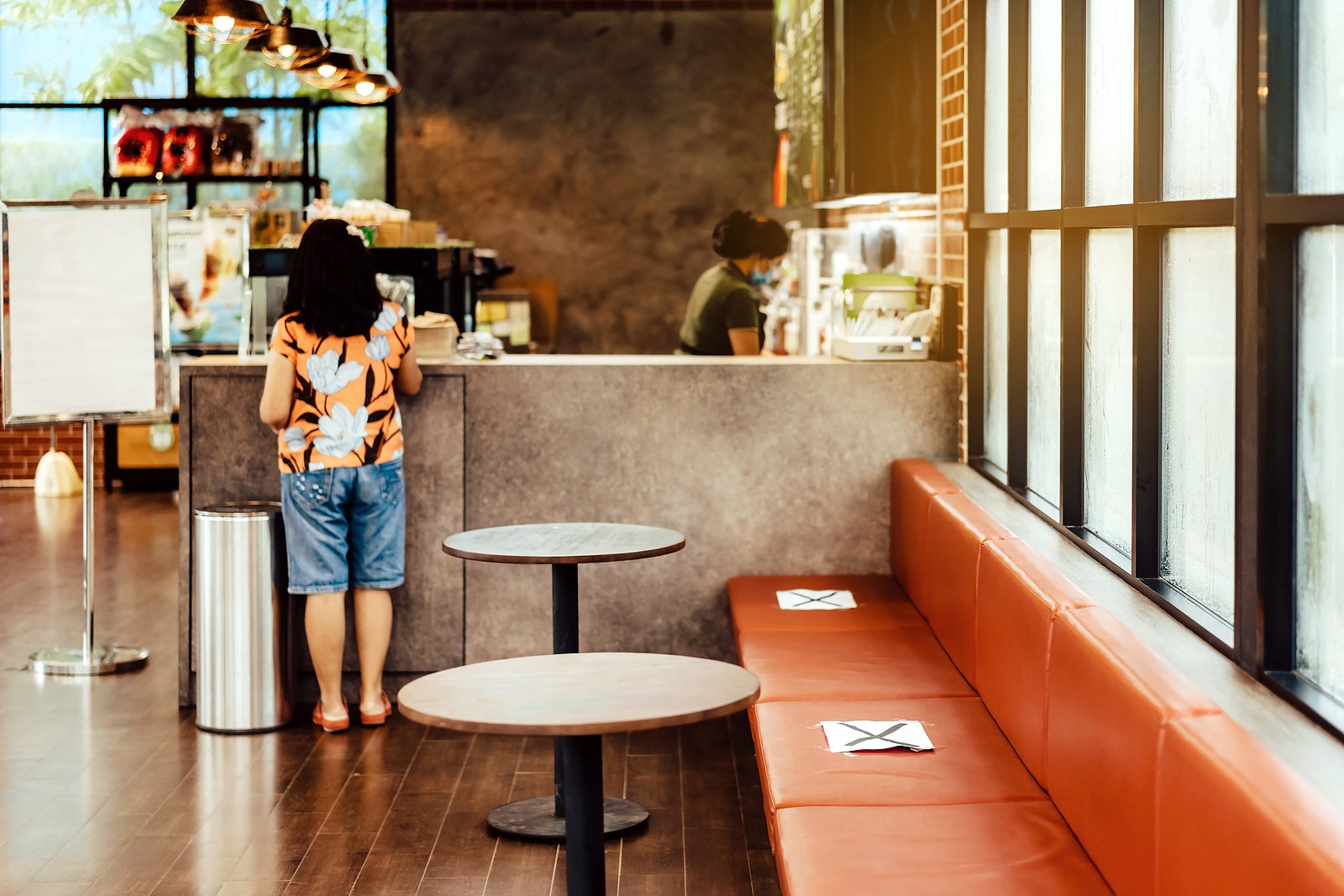 Alternative seating mark for social distance rules in the cafe distance for one seat from other people to protect from Corona Virus(COVID-19), social distancing for infection risk.New normal lifestyle