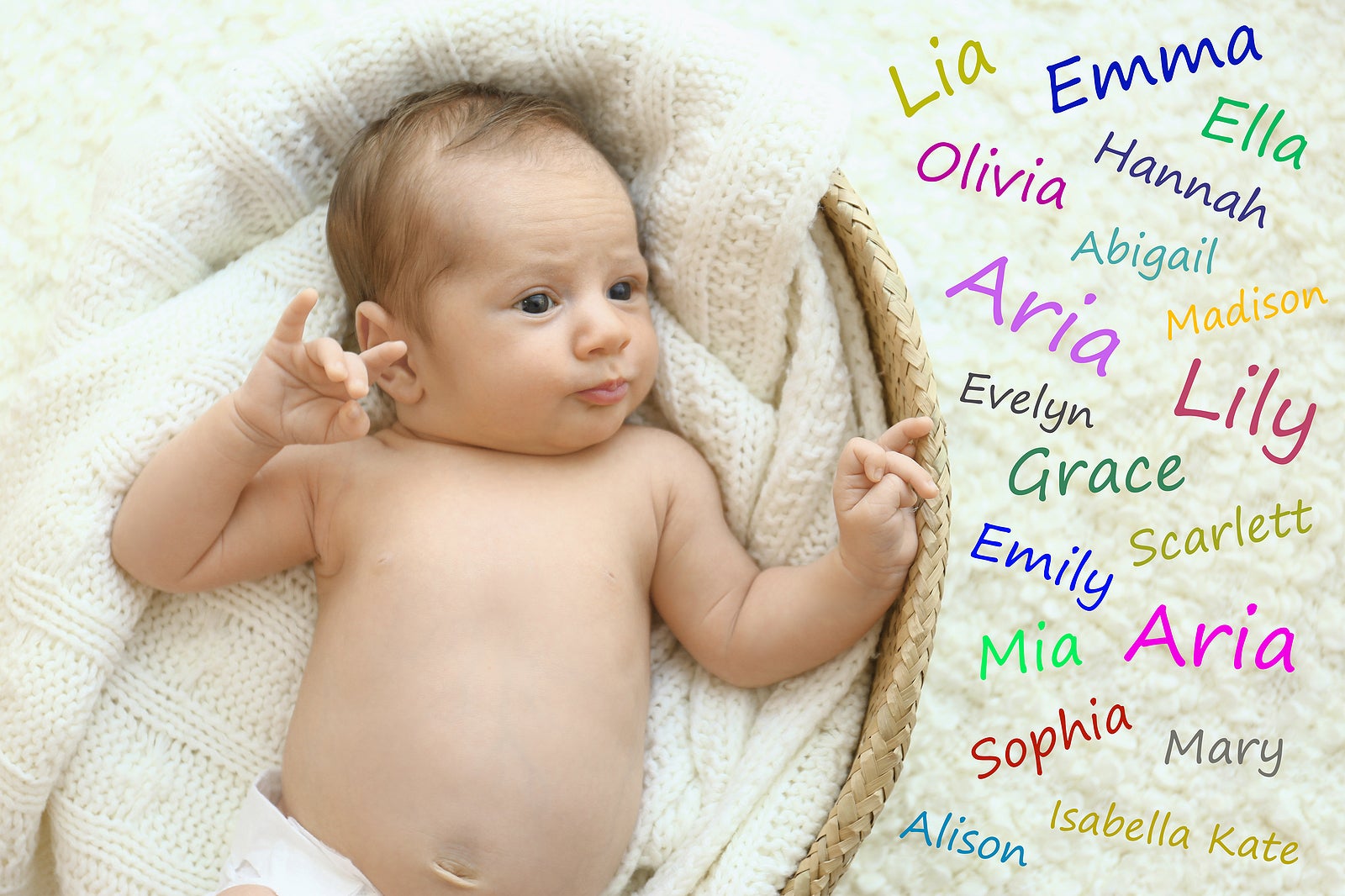 Choosing name for baby girl. Adorable newborn in cradle, view from above