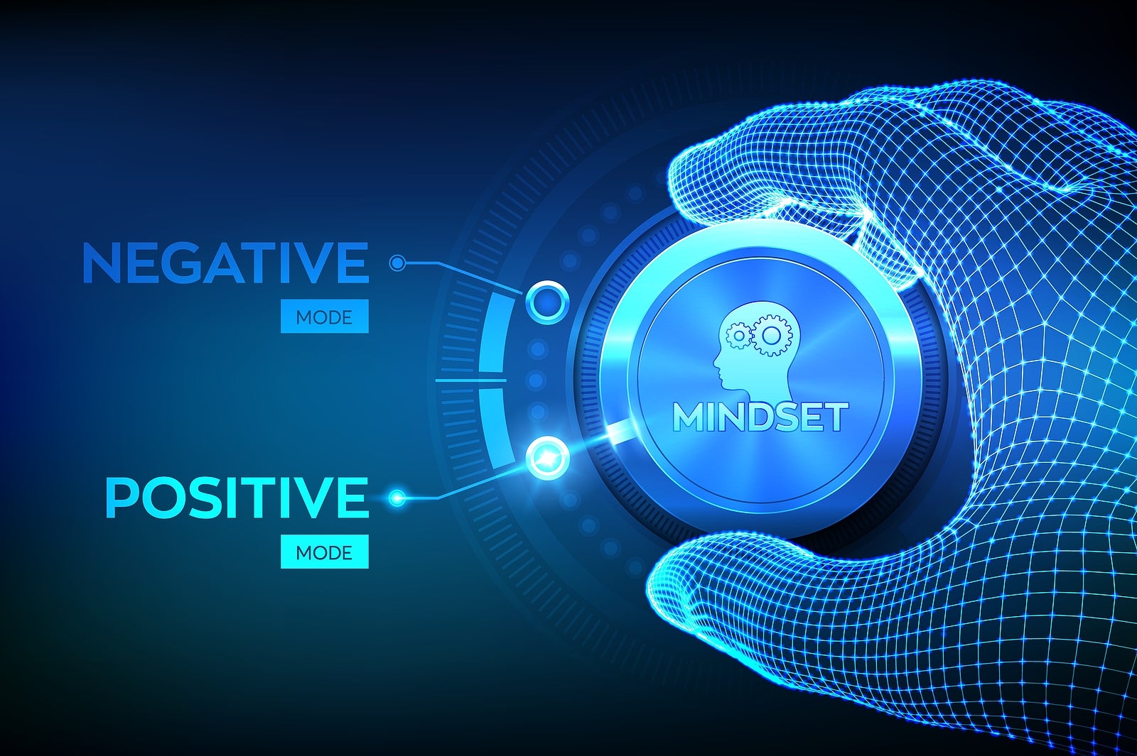 Positive or negative thinking. Feel happy or unhappy. Good or bad attitude. Wireframe hand turning a knob to switch from negative to positive mindset. Psychology Concept. Vector illustration.