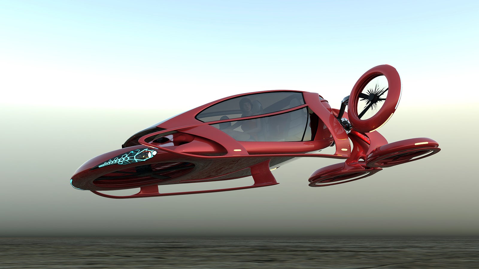 Transport of the future. The red car is flying above the ground, against the background of a foggy horizon, the concept of a flying car is Possible . side view.A 3D illustration.