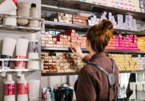 A salon owner selecting a product from a variety of colorful boxes on the shelves in their salon.